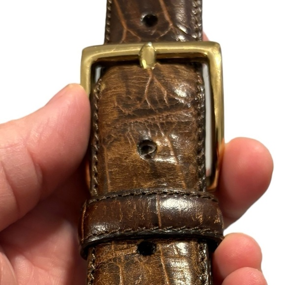 Brown Croc Alligator Grain Cowhide Leather Belt Bold Brass Buckle 36-40" Waist - Picture 9 of 12